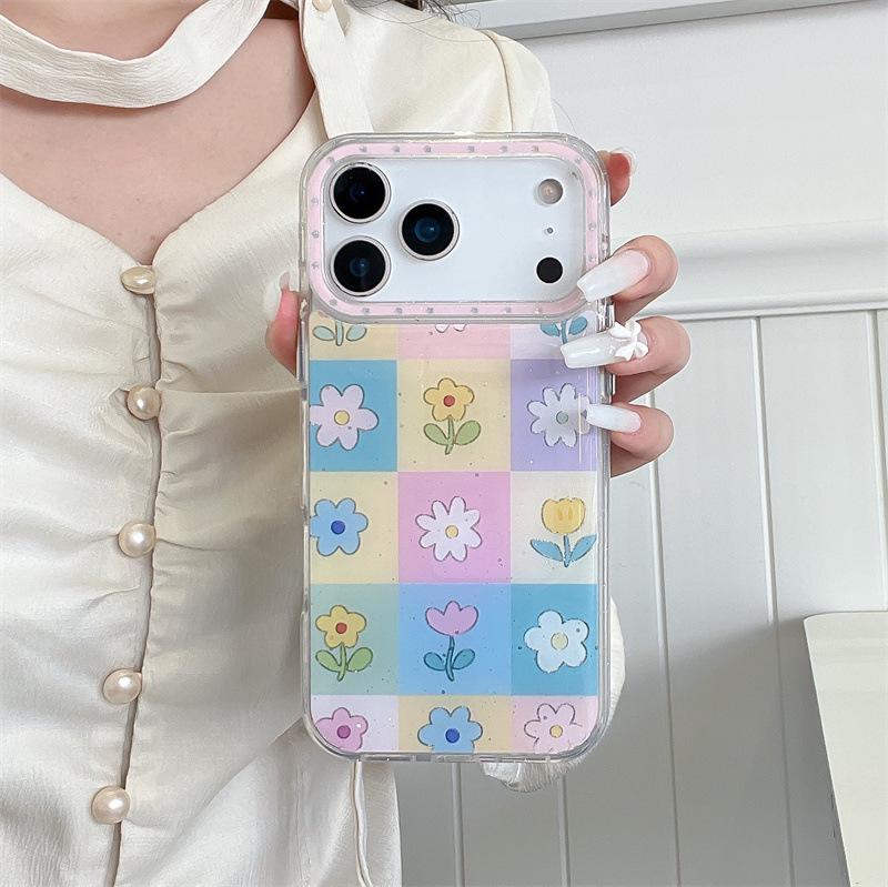Spring Floral Grid Chain Phone Case for iPhone 17/16 Pro Max/15 Pro