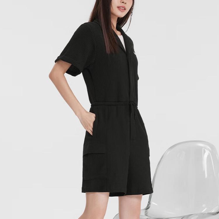 Puma Glamping Romper Solid Color Waist Cinched Logo Short Sleeve Jumpsuit Women Jumpsuit Black 536890-01