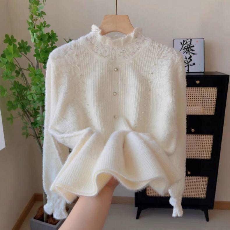 

Women s Lace Collar Knit Sweater Autumn Winter Soft Warm Beads Slim-fit Pullover Knit Top Stretch Knit Sweater 3XL брудно-білий