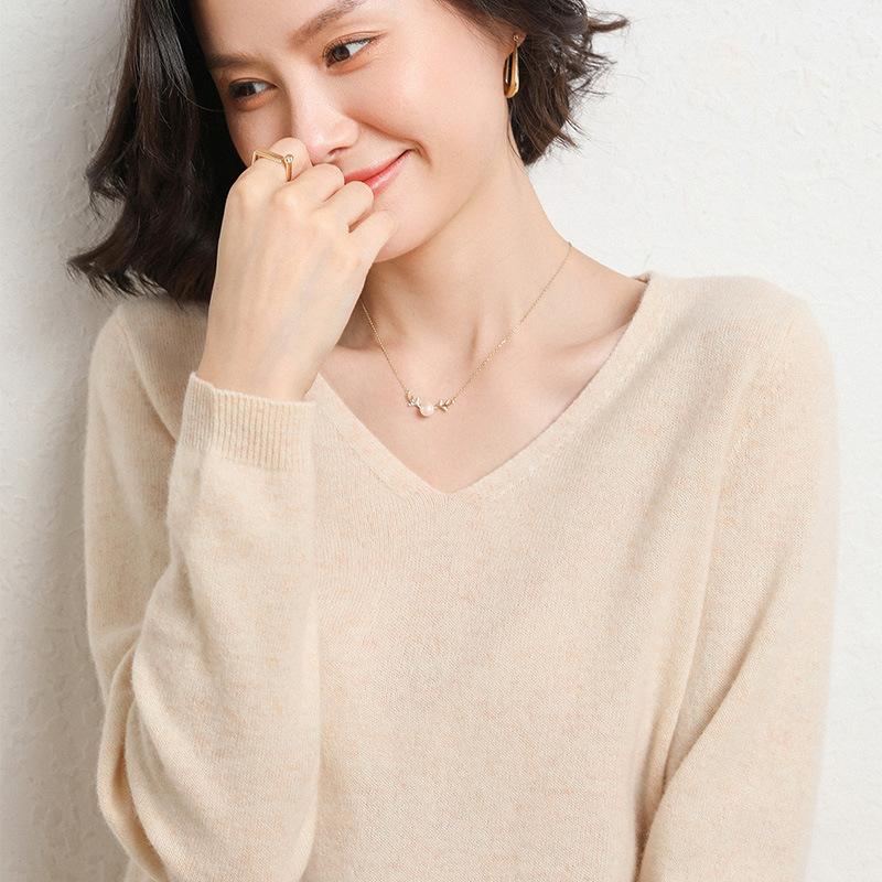Women's V-Neck Knit Sweater Long Sleeve Loose Solid Color Pullover