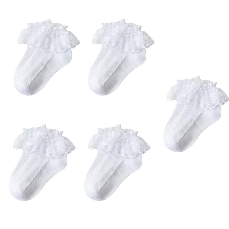 Pack of 5 Pair Girls Frilly Ankle Socks Comfortable Cotton Socks with Delicate Lace Edge for Parties and School