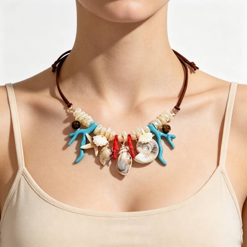 Summer Shell Necklace For Women With Handcrafted Coral And Shell Design For Beach Vacation