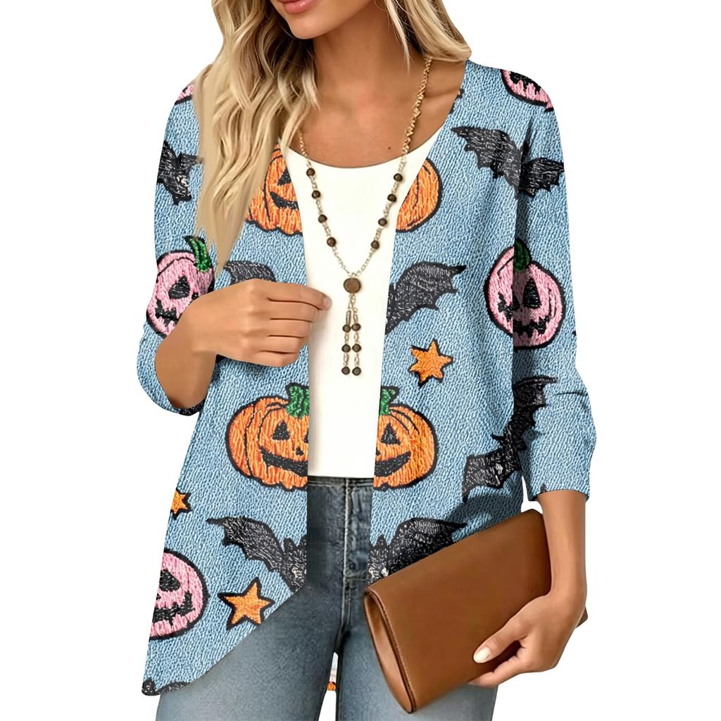 Women's Lightweight Cardigan with Halloween Print , Three-Quarter Sleeve , Relaxed Fit for Casual Halloween Outfits