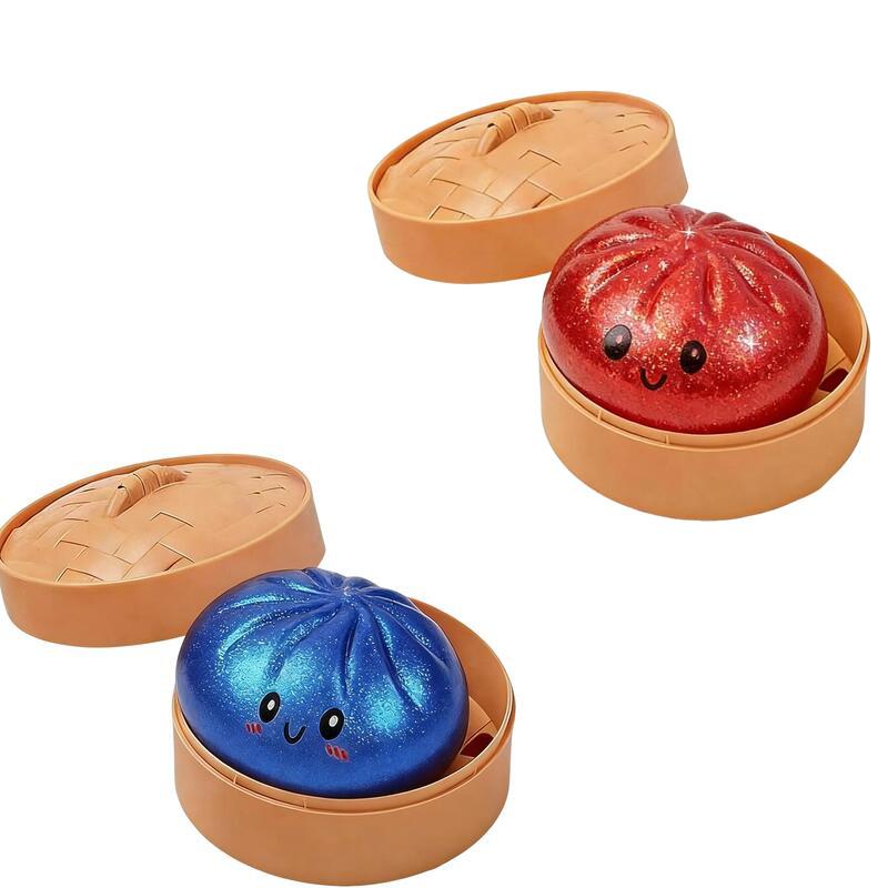 Glitter Dumplings Stress Relief Toy Cute Steamed Bun Squishy Toy with Steamer Box Fidget Toy Soft Slow Resilience Stress Relief Sensory Squeeze Toy