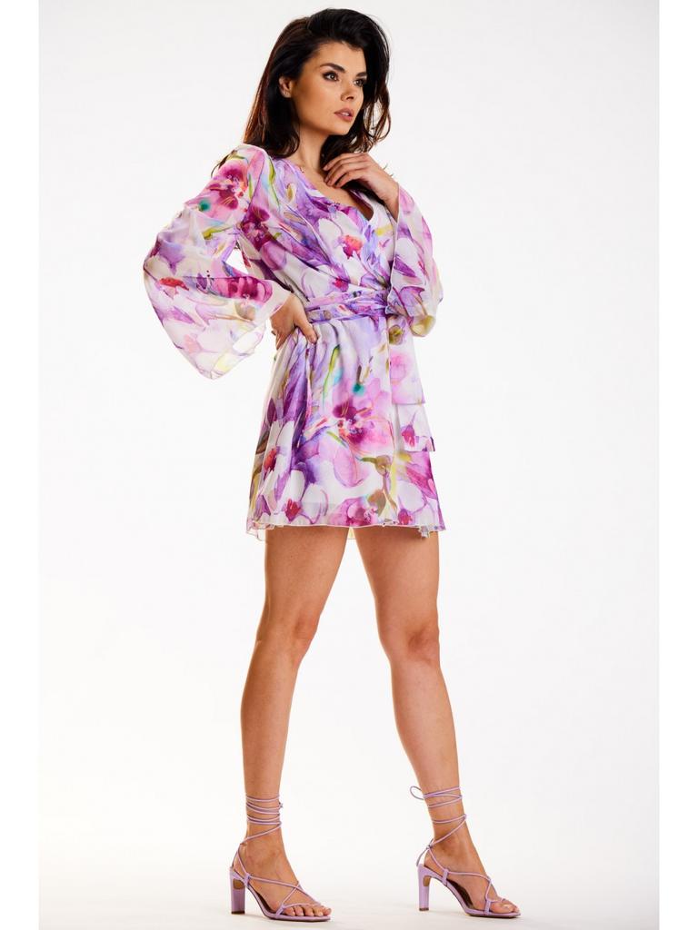 Mini dress with a wrap neckline, kimono, purple floral pattern S