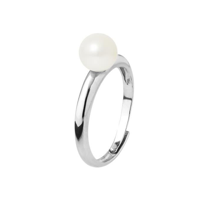 PERLINEA - Bague Jonc Véritable Perle de Culture d'Eau Douce Bouton 6-7 mm - Blanc Naturel - Argent 925 Millièmes - Bijou Femme