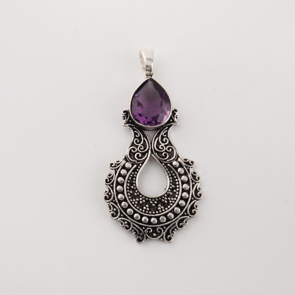 Amethyst Gemstone 925 Sterling Silver Handmade Jewelry Designer Pendant 1.8" For Your Love CP-45-2