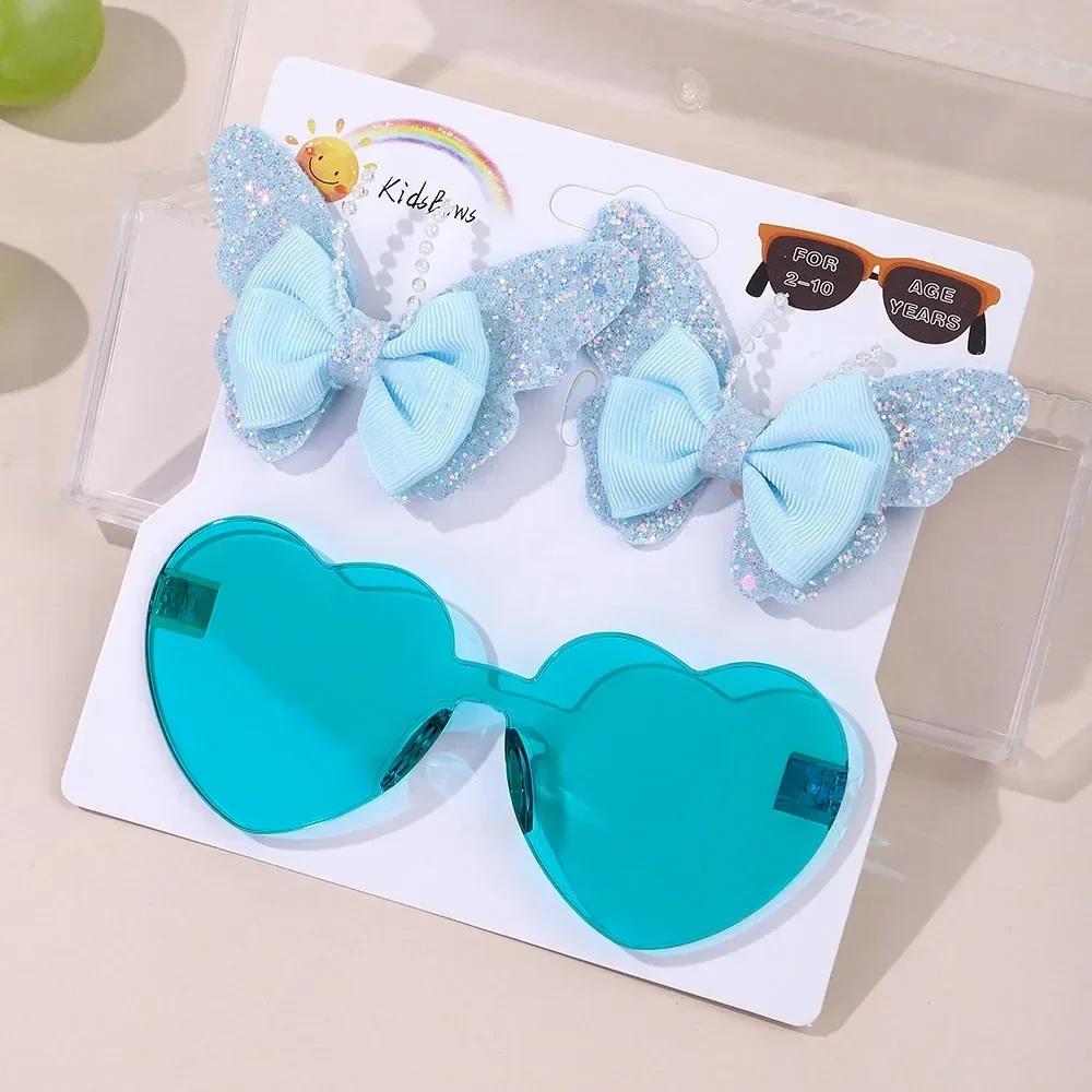 3Pcs/Card Glitter Butterfly Hair Clips Sunglasses for Girls Sparkling Kids Bows Hairpins Sun Glasses Cute Hair Accessories Set