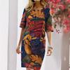 Floral Print Vintage Slit Round Neck Short Sleeve Dress