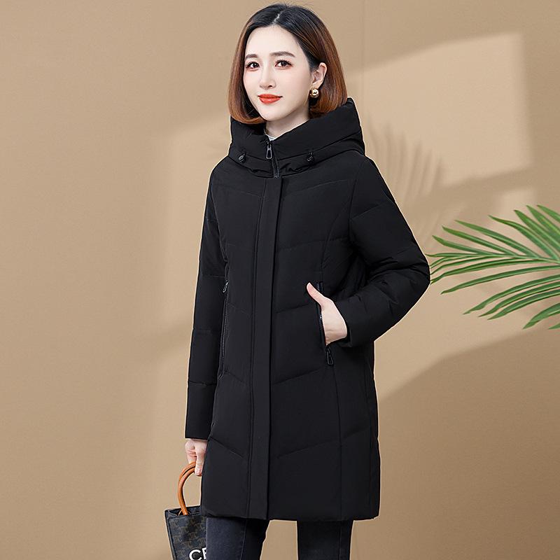 2025 Women's Mid-Length White Duck Down Jacket: High-End Slim Fit, Warm, Hooded Coat for Middle-Aged Moms