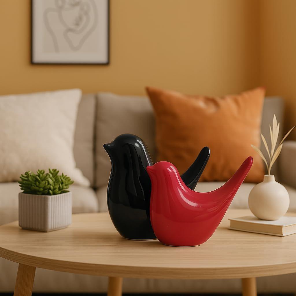 Creative Black and Red Glossy Ceramic Birds Figurines Home Decorations Accessories Party (Pack of 2, Black & Red)