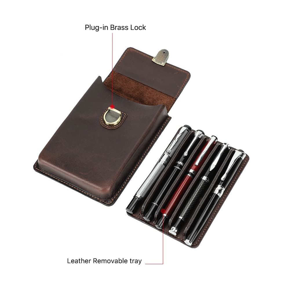 HIRAM Separate Design Pen Case for Fountain Simple Slim Holds 5 Genuine Leather Pens, Design, Pens, (Coffee)
