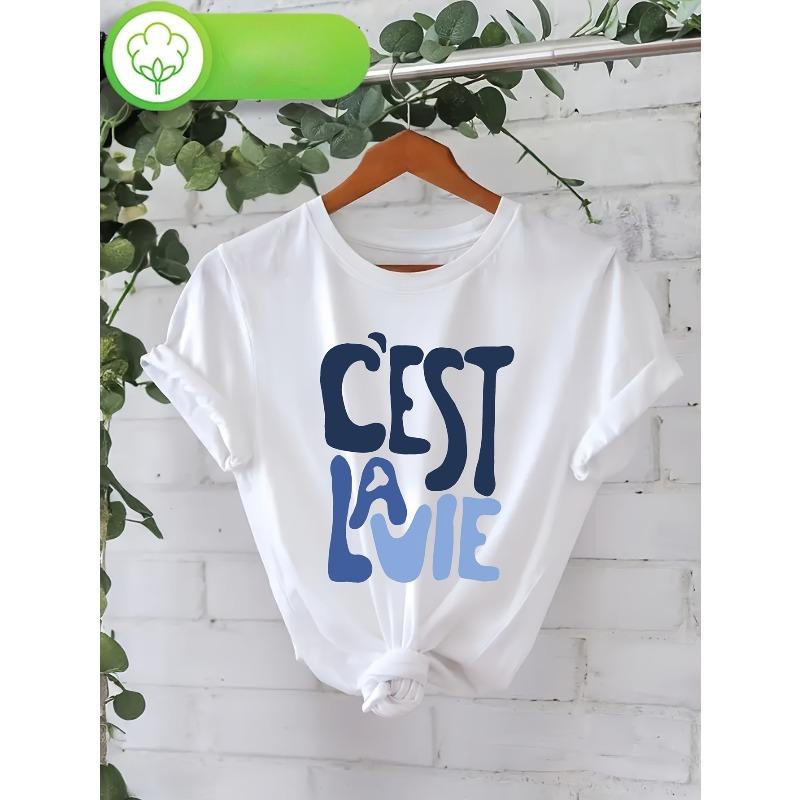

Women s C est La Vie Graphic Tee White Blue Lettering Crew Neck Short Sleeve Regular Fit Spring Summer Casual Top S белый