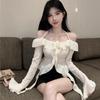 Womens Off-Shoulder Long Sleeve Blouse With Ruffle Trim Floral Neckline Slim Fit Short Top In Black Or Beige