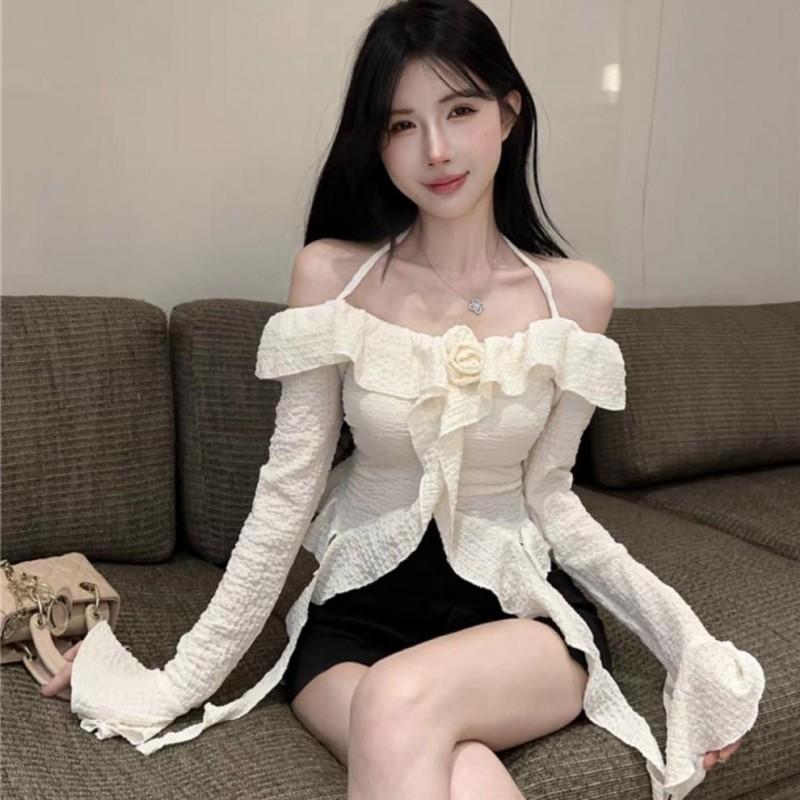 Womens Off-Shoulder Long Sleeve Blouse With Ruffle Trim Floral Neckline Slim Fit Short Top In Black Or Beige