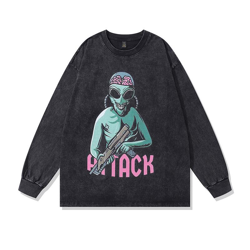 American Street Trend T-Shirt Hip Hop Spoof Printed Thin Sweater Washed Retro Trend Brand Long Sleeve T-Shirt Men And Women