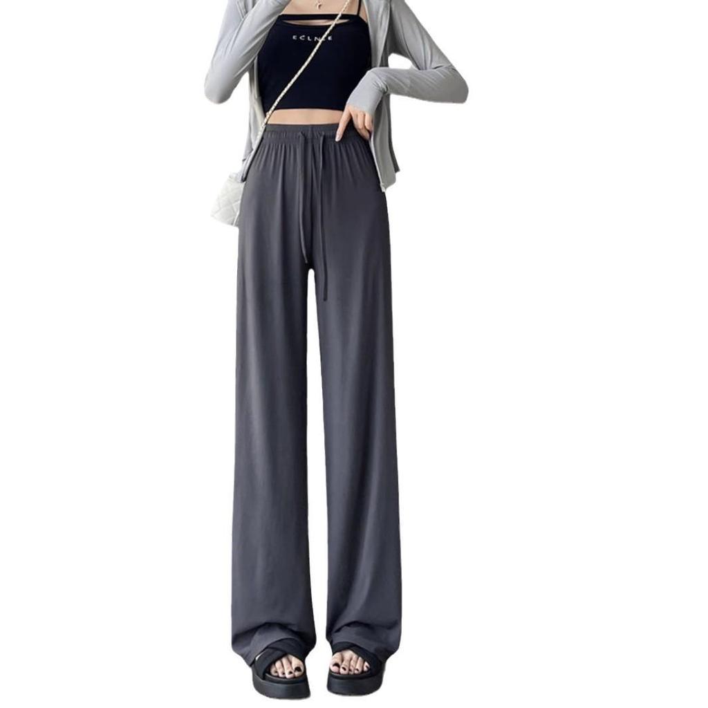 2025 Women's Summer Ice Silk Wide-Leg Floor-Length Pants - Thin, Loose, Slimming, Casual Straight Leg Fit