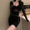 Sweet and Spicy Style Elegant Mesh V-neck Long-sleeve Dress for Women, Early Spring New Tight Slimming Inner Layer, Bodycon Pencil Skirt