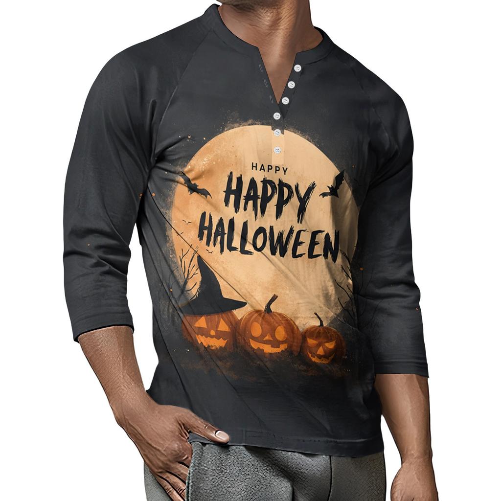 Men's Button-Down Contrast Raglan 3/4 Sleeve Top