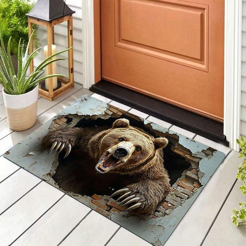 3D Bear Breaking Wall Rug - 2D Flat Printed Non-Slip Flannel Floor Mat for Bedroom & Living Room - Washable Animal Decor Mat