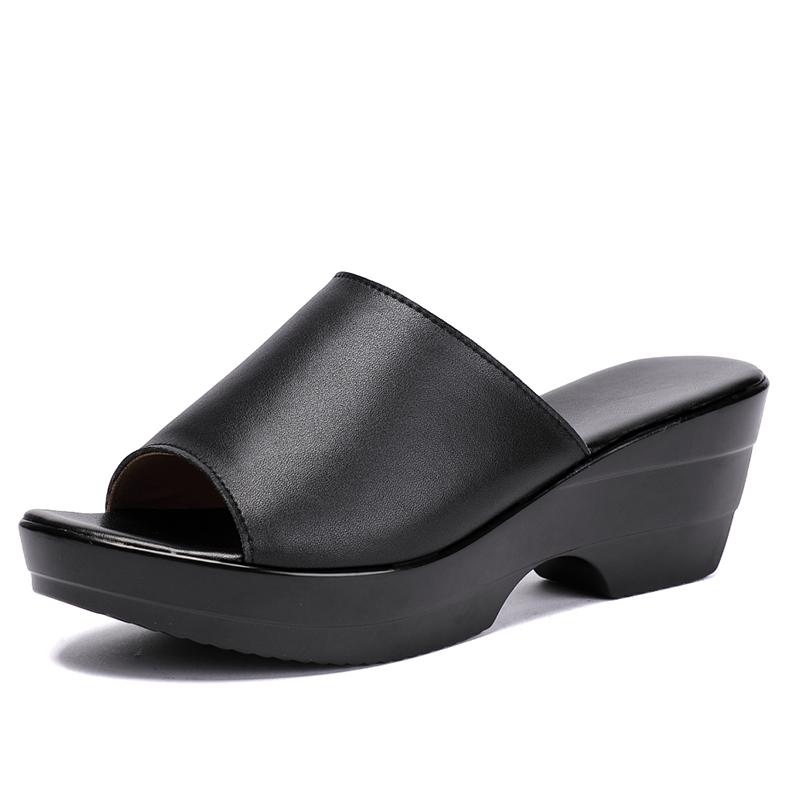 

Fashion GKTINOO Women Slipper s 2025 Ladies Summer Slippers Genuine Leather Shoes Women High Heels Fashion Wedges Summer Shoes 11 чёрный