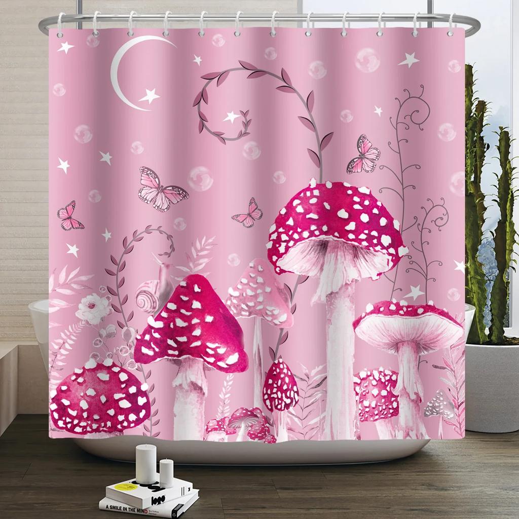 Mushroom Shower Curtain Flower Green Leaf Plant Forest Butterfly Botanical Floral Squirrel Aesthetic Waterproof Bathroom Curtain