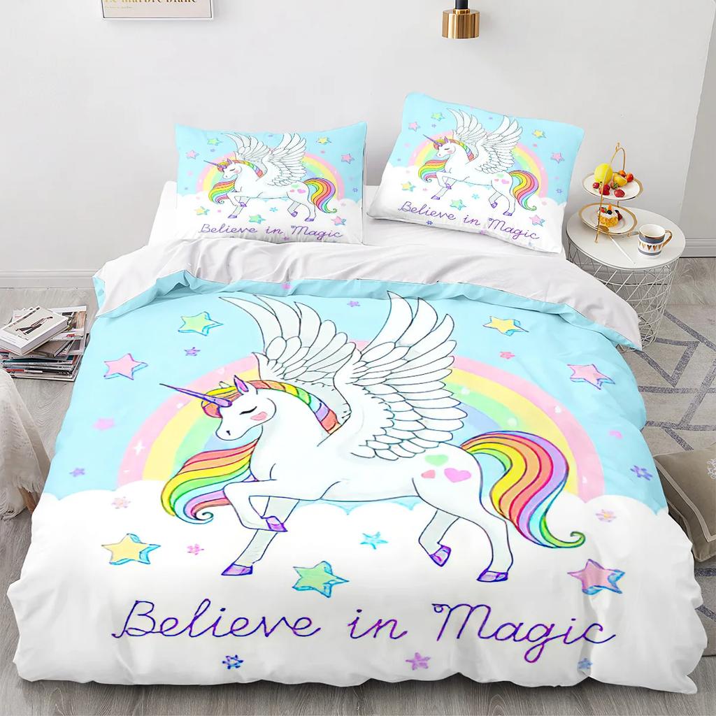 Rainbow Unicorn Duvet Cover Set Queen Size Glitter Rainbow Unicorn Bedding Set for Girls Teens Rainbow Unicorn Comforter Cover