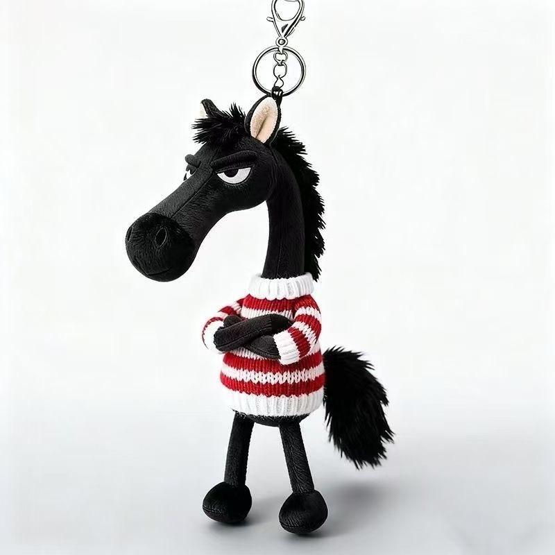 Popular Sky Selection High Cool Black Horse Keychains Soft Plush Mascot Car Pendant Sweater Knitted Baby Doll Key Rings for Women's Handbag Child Bags