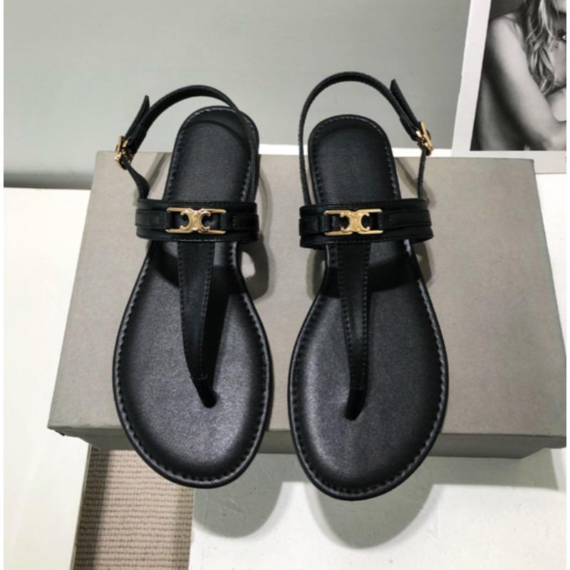 Fashion Women's Luxury T-Strap Sandals 2025 Summer New Designer Brand Pu Leather Flat Shoes Metal Decoration Slippers Zapatos De Mujer