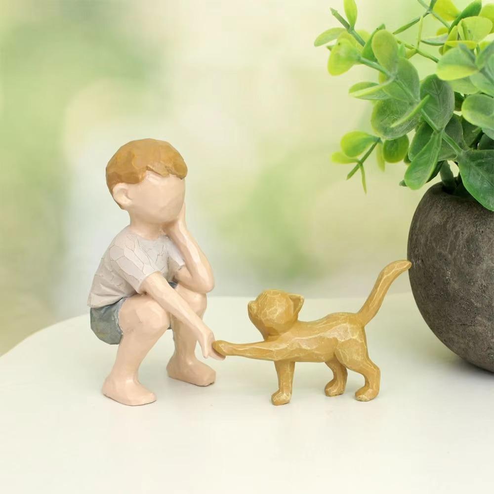 2Pcs/set Resin Crafts Boy Cat Figurines Hand-Painted Hand Carving Sculpture  Desktop
