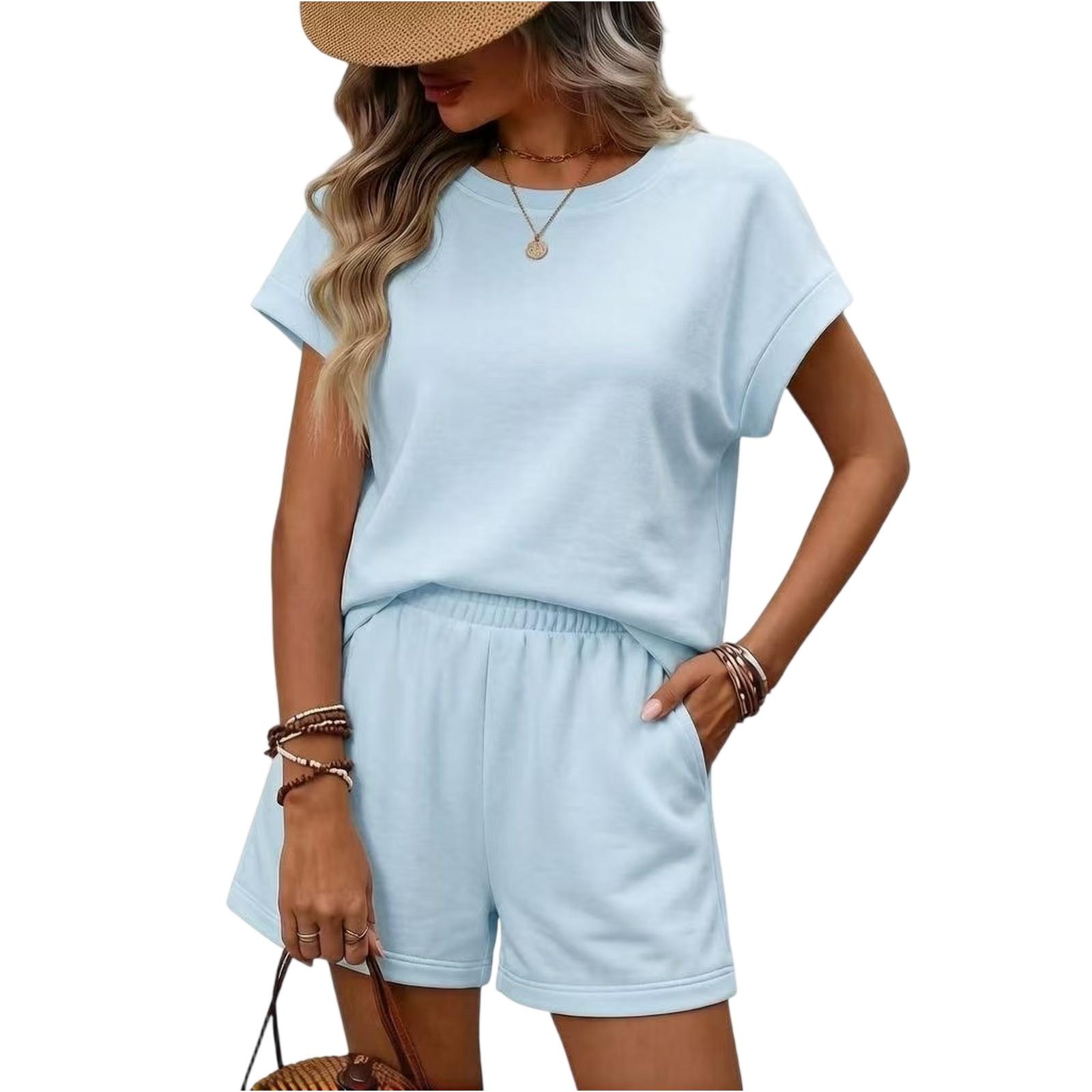 

Women Casual Loose Fit Short Sleeve Top and Elastic Waistband Shorts Set Summer Two Piece Lounge Outfit Soft Fabric XL