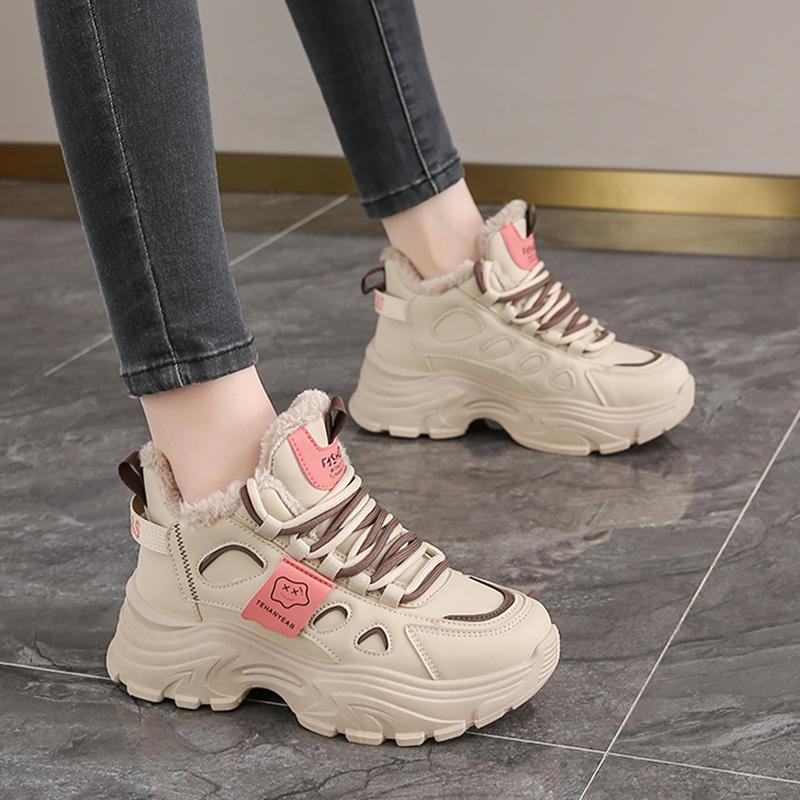 Small Size Platform Dad Shoes, Winter New Velvet Two Cotton Shoes, High-top Sneakers
