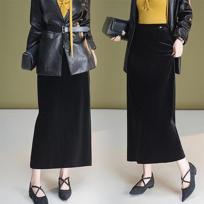 Black Velvet Slim-Fit Midi Skirt with Back Slit - Autumn/Winter Fashionable Pencil Skirt