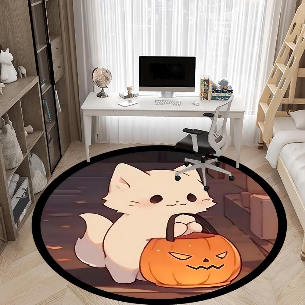 1PC Halloween Kitten Office Round Area Rug, Indoor Mat Suitable ForOffice, Under Office Chairs Bedroom Living Room Home Decor, Room Deco f030