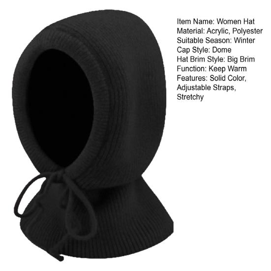 Women Hat Solid Color Drawstring Warm Winter Knitted Hat Loose Fit Pullover Hat Outdoor Sports Travel Headwear