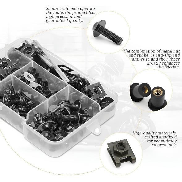 177 Pcs Motorcycle Fairing Bolt Kit, Colorful Fasteners Bolts Nut Clips Black