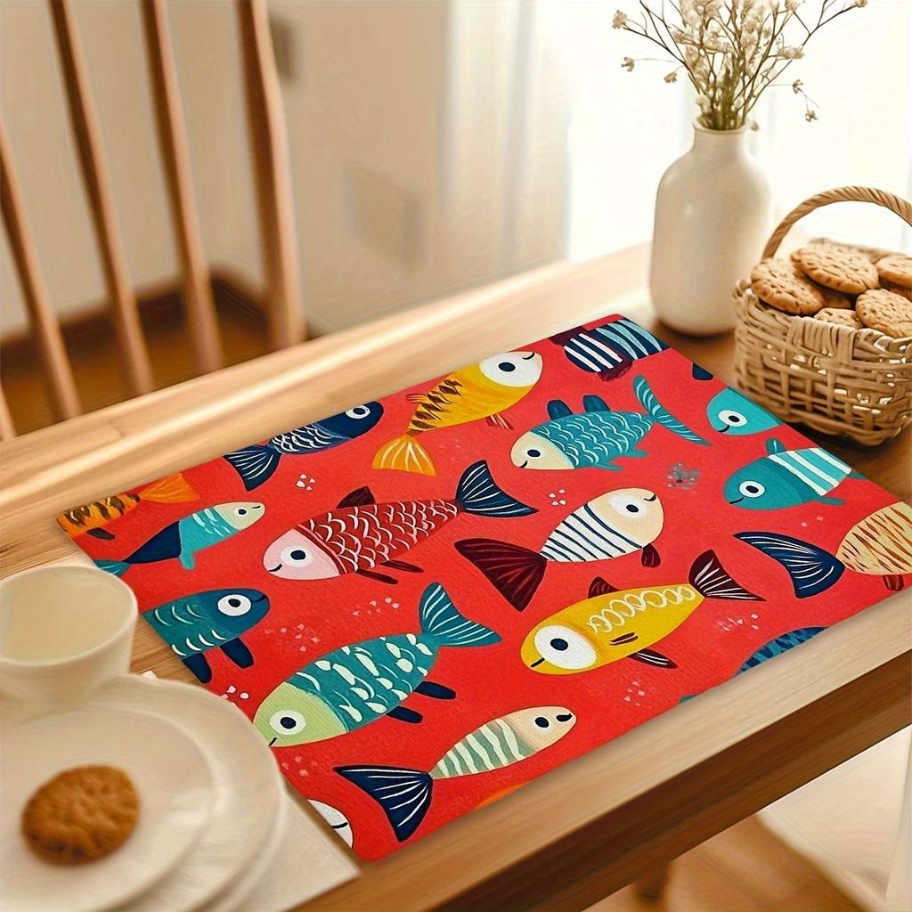 4pcs Linen Placemats Set, Red Base with Colorful Fish Design, 12x18 Inches – Perfect for Kitchen, Dining Room Decor, Family Gatherings, Parties, and
