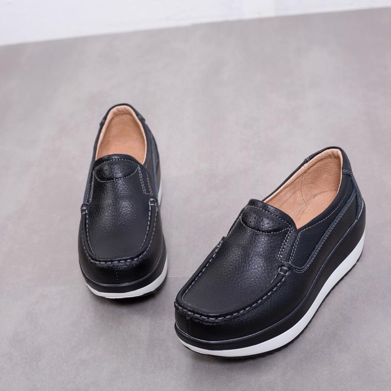 Genuine Leather Wedges Heels Shoes Fashion 5cm Platform Shoes Women Non-slip Walking Loafers