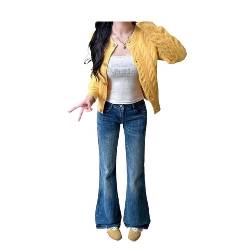 Women's Washed Low-Waist Dark Blue Micro-Flare Jeans - Bamboo Texture, Autumn Versatile, Comfortable Fit