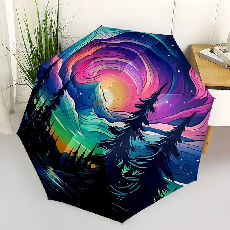 1pc Aurora Forest Automatic Folding Umbrella, Sturdy And Durable Automatic Folding Umbrella with 8 Ribs, Convenient for Outdoor Use060