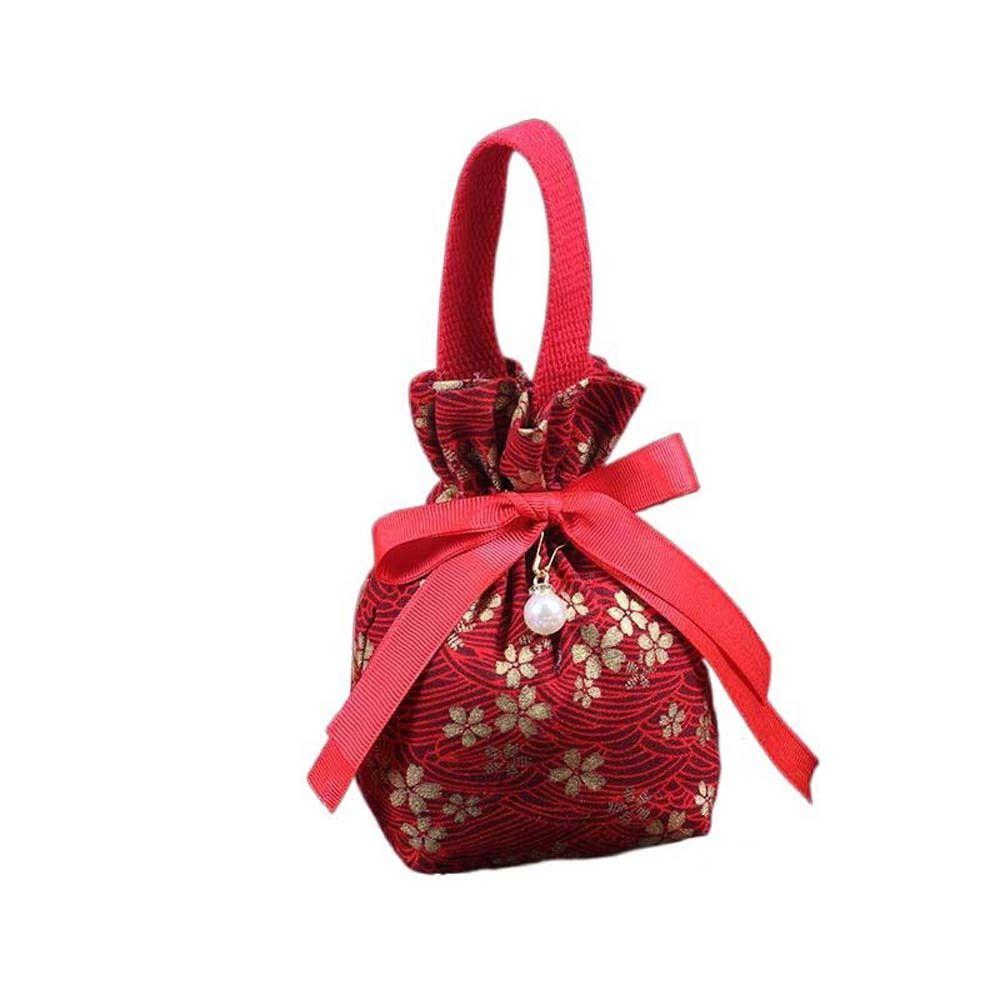 

Stripe Ribbon Bow Wrist Bag Sakura Festive Sugar Bag Canvas Floral Drawstring Bag Festival G