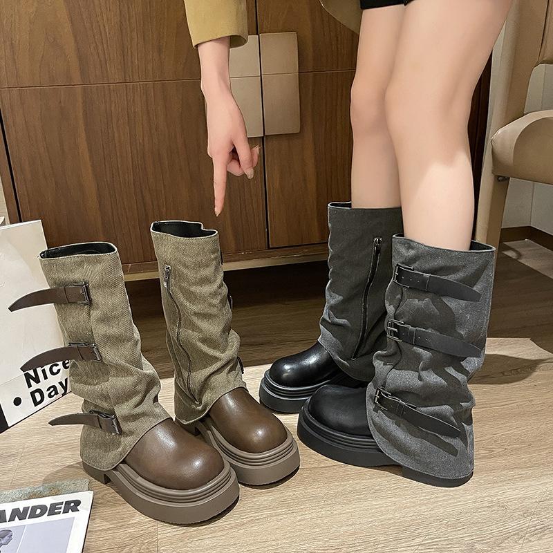 Vintage Western Cowboy Boots Women's Autumn and Winter Boots 2025 New French Heel Medium Boots Belt Buckle Martin Boots