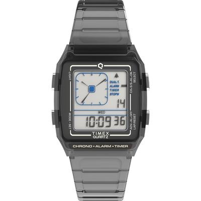 Timex Uni Q LCA 35mm polshorloge - grijze band digitaal wijzerplaat kast grijs. Retrostijl.