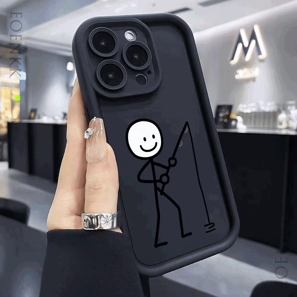 Shockproof Phone Case For iPhone 16 15 14 13 12 11 Pro Max Plus/Mini Lens Protect Scratch proof Soft Cover Lovely Black Line Man