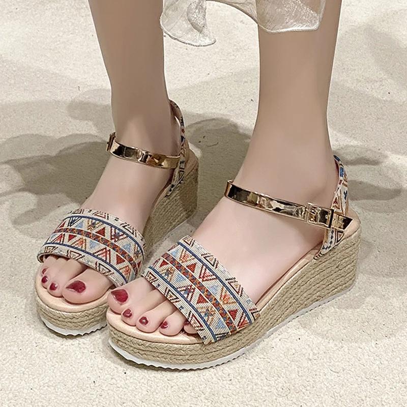 Fashion Women's Sandals Bohemian Champagne Platform Shoes for Women Fashion Buckle Wedge Sandal Summer Thick Bottom Open Toe Sandalias