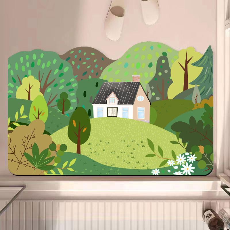 Grüne Pflanze Badezimmerbodenmatte, Diatomeenerde Saugmatte, Toilette, Toilette, Toilettentür rutschfeste Fußmatte, Türvorleger 40x60cm15.7x23.6in