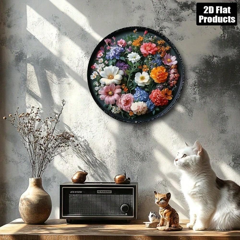 Vintage Floral Landscape Round Metal Wall Art, Aluminum 2D Decorative Plate 8x8 Inches, Home Bar Kitchen Decor