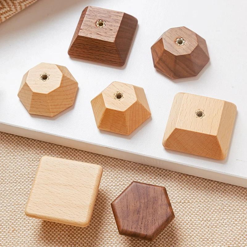 Wooden Handle Hexagon Square Round Drawer Knob Cupboard Closet Knobs Kitchen Cabinet Door Handle Furniture Decoration Wood Knobs