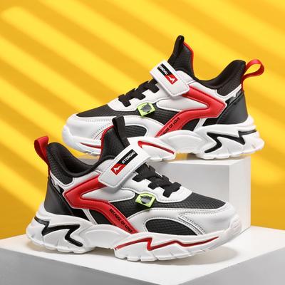 Boys' Autumn New Mesh Leather Splicing Sports Shoes Middle and Older Children's Students Solid Soft-soled Basketball Shoes Are Handsome and Trendy