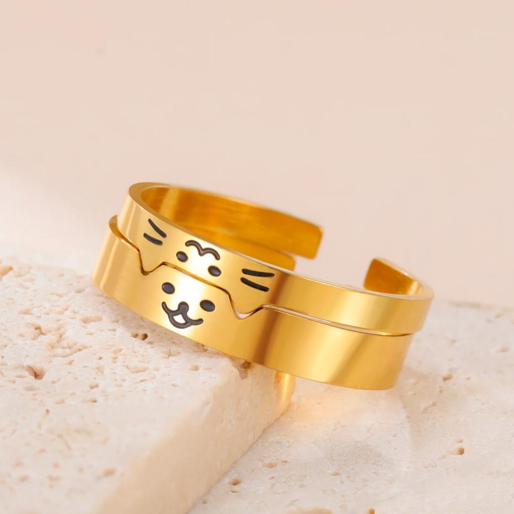 Fashionable Cat Dog Animal Couple Ring Stainless Steel Adjustable Ring Playful Personality Pet Enthusiast Valentine'S Day Gift